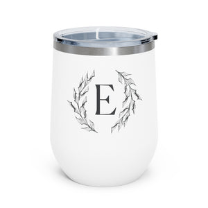Meraki Paper - 12oz Insulated Wine Tumbler - Circular Branches - E in White - Front View