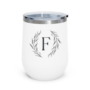 Meraki Paper - 12oz Insulated Wine Tumbler - Circular Branches - F in White - Front View