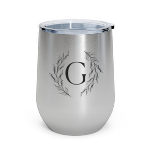 Meraki Paper - 12oz Insulated Wine Tumbler - Circular Branches - G in Stainless Steel - Front View