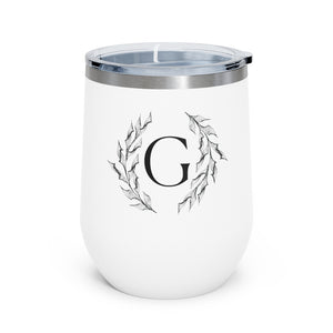 Meraki Paper - 12oz Insulated Wine Tumbler - Circular Branches - G in White - Front View