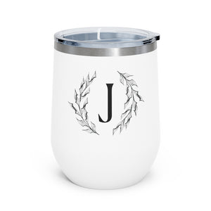 Meraki Paper - 12oz Insulated Wine Tumbler - Circular Branches - J in White - Front View
