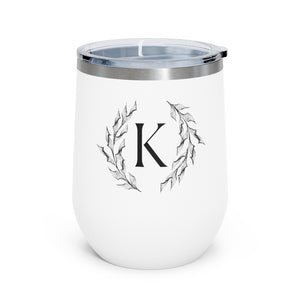 Meraki Paper - 12oz Insulated Wine Tumbler - Circular Branches - K in White - Front View
