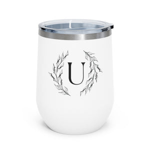 Meraki Paper - 12oz Insulated Wine Tumbler - Circular Branches - U in White - Front View