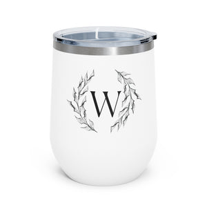 Meraki Paper - 12oz Insulated Wine Tumbler - Circular Branches - W in White - Front View