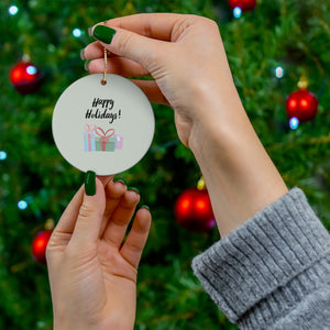 Meraki Paper - Ceramic Holiday Ornament - Happy Holidays & Presents - Circle - In Use