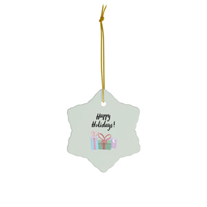 Meraki Paper - Ceramic Holiday Ornament - Happy Holidays & Presents - Snowflake - Front View
