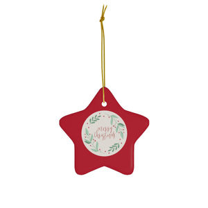 Meraki Paper - Ceramic Holiday Ornament - Merry Christmas Wreath - Star - Front View