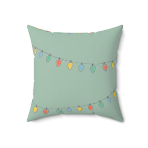 Meraki Paper - Polyester Square Holiday Green Pillowcase - Christmas Lights - 18x18 - Front View