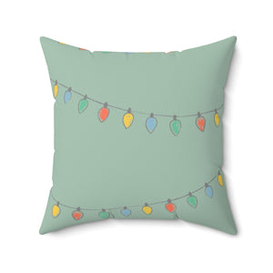 Meraki Paper - Polyester Square Holiday Green Pillowcase - Christmas Lights - 20x20 - Front View
