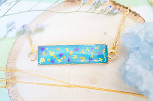 Real Dried Flowers and Resin Necklace, Blue Bar Gold Agate Geode in Purple Orange Yellow