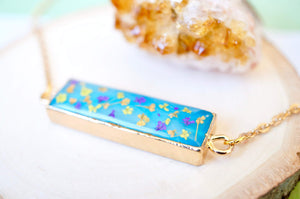 Real Dried Flowers and Resin Necklace, Blue Bar Gold Agate Geode in Purple Orange Yellow