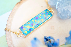 Real Dried Flowers and Resin Necklace, Blue Bar Gold Agate Geode in Purple Orange Yellow