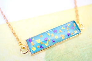 Real Dried Flowers and Resin Necklace, Blue Bar Gold Agate Geode in Purple Orange Yellow