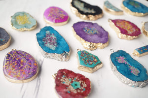 Real Dried Flowers and Resin Necklace, Blue Bar Gold Agate Geode in Purple Orange Yellow