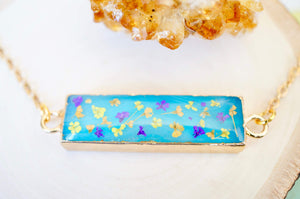 Real Dried Flowers and Resin Necklace, Blue Bar Gold Agate Geode in Purple Orange Yellow