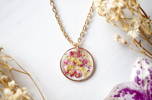 Rose Gold Circle in Magenta Pink Yellow Dried Flowers Resin Necklace