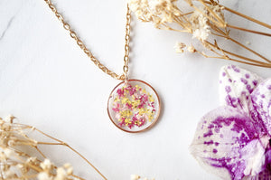 Rose Gold Circle in Magenta Pink Yellow Dried Flowers Resin Necklace