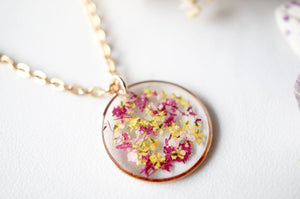 Rose Gold Circle in Magenta Pink Yellow Dried Flowers Resin Necklace
