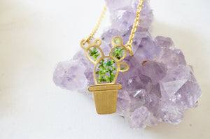 Real Pressed Flowers Necklace, Gold Cactus in Green