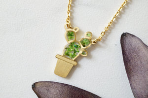 Real Pressed Flowers Necklace, Gold Cactus in Green