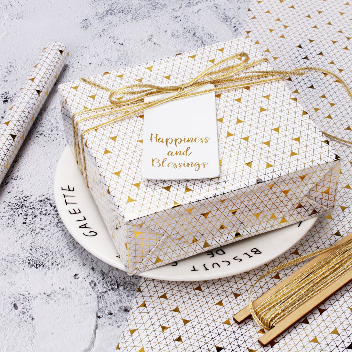 Art Deco Wrapping Paper Roll - White/Gold Foil
