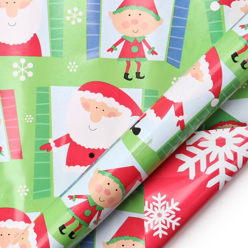 Reversible &quot;Xmas Santa Elf &amp; Snowflake&quot; Wrapping Paper