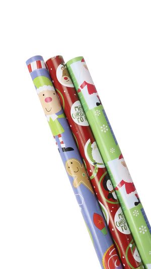 Reversible "Xmas Santa Elf & Snowflake" Wrapping Paper