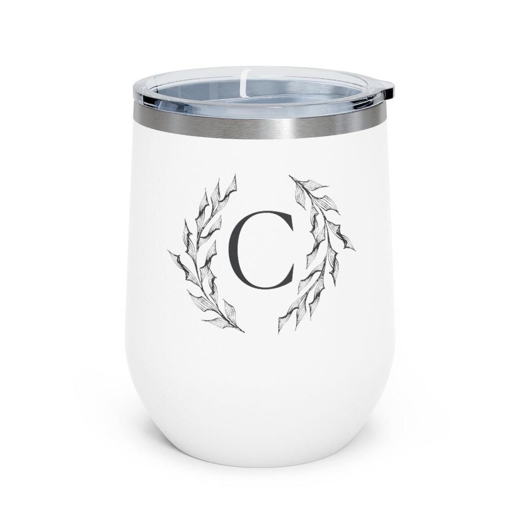 Meraki Paper - 12oz Insulated Wine Tumbler - Circular Branches - C in White - Front View