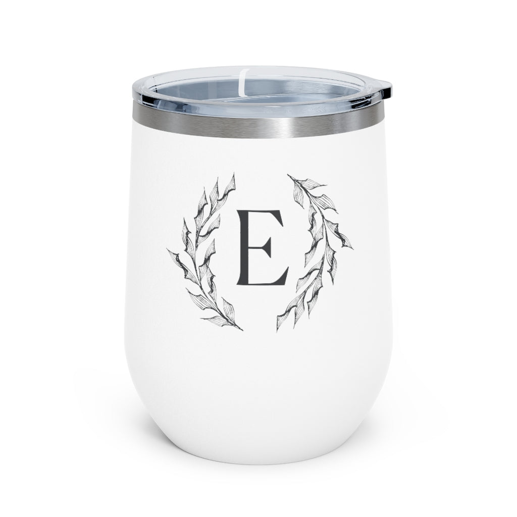 Meraki Paper - 12oz Insulated Wine Tumbler - Circular Branches - E in White - Front View