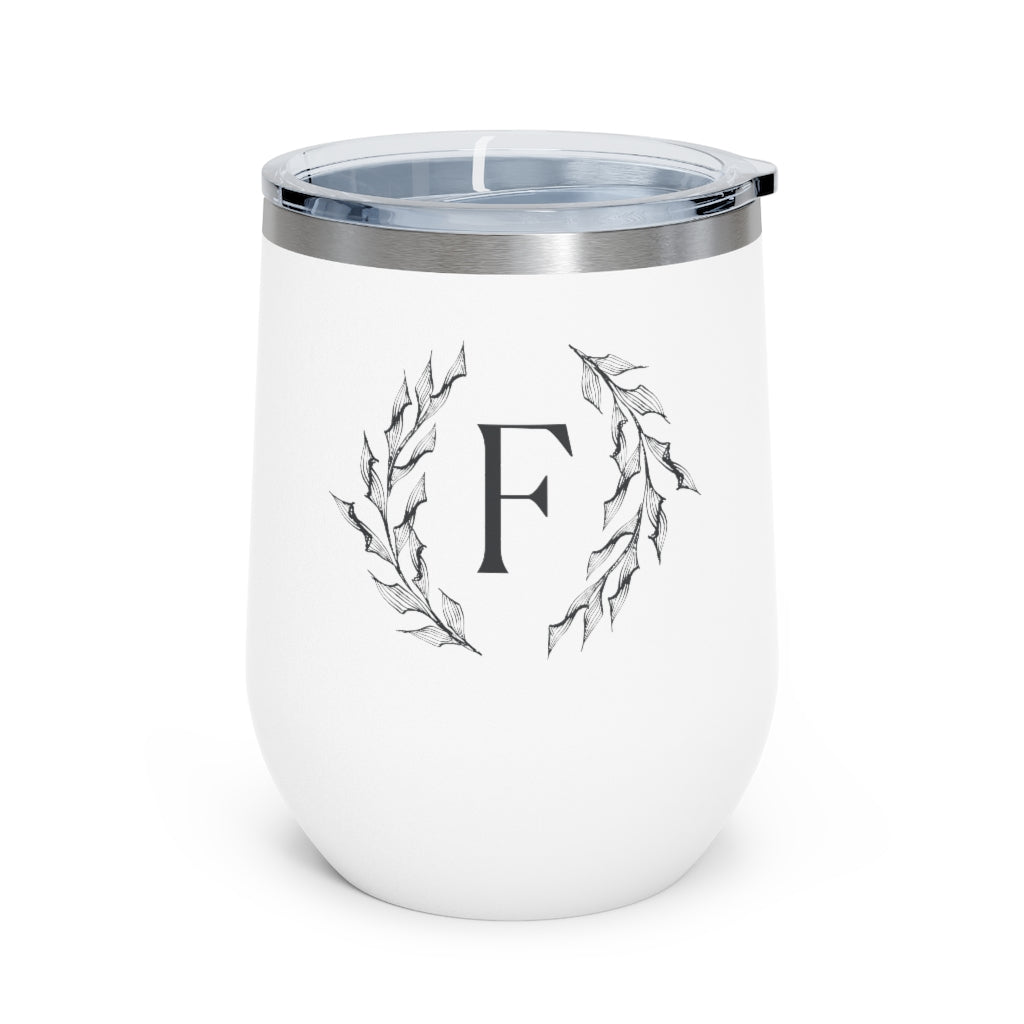 Meraki Paper - 12oz Insulated Wine Tumbler - Circular Branches - F in White - Front View