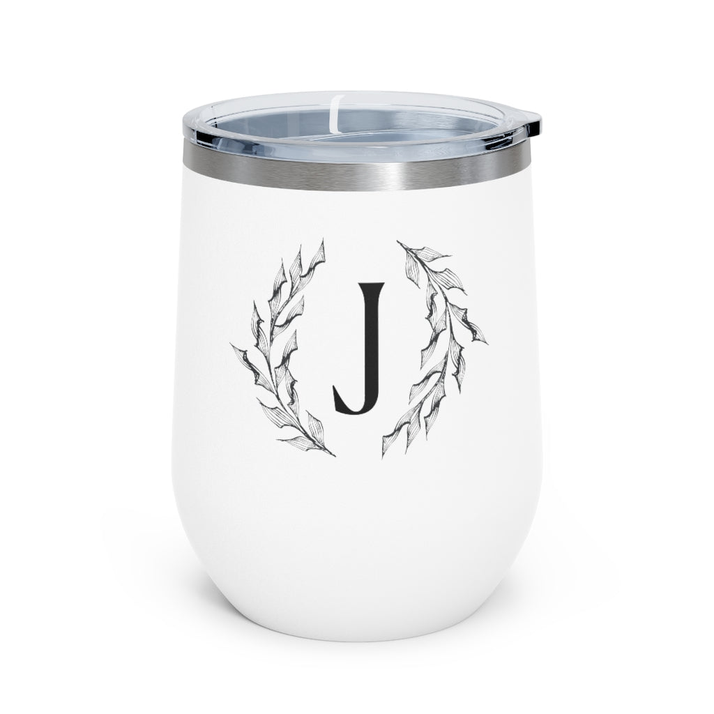 Meraki Paper - 12oz Insulated Wine Tumbler - Circular Branches - J in White - Front View