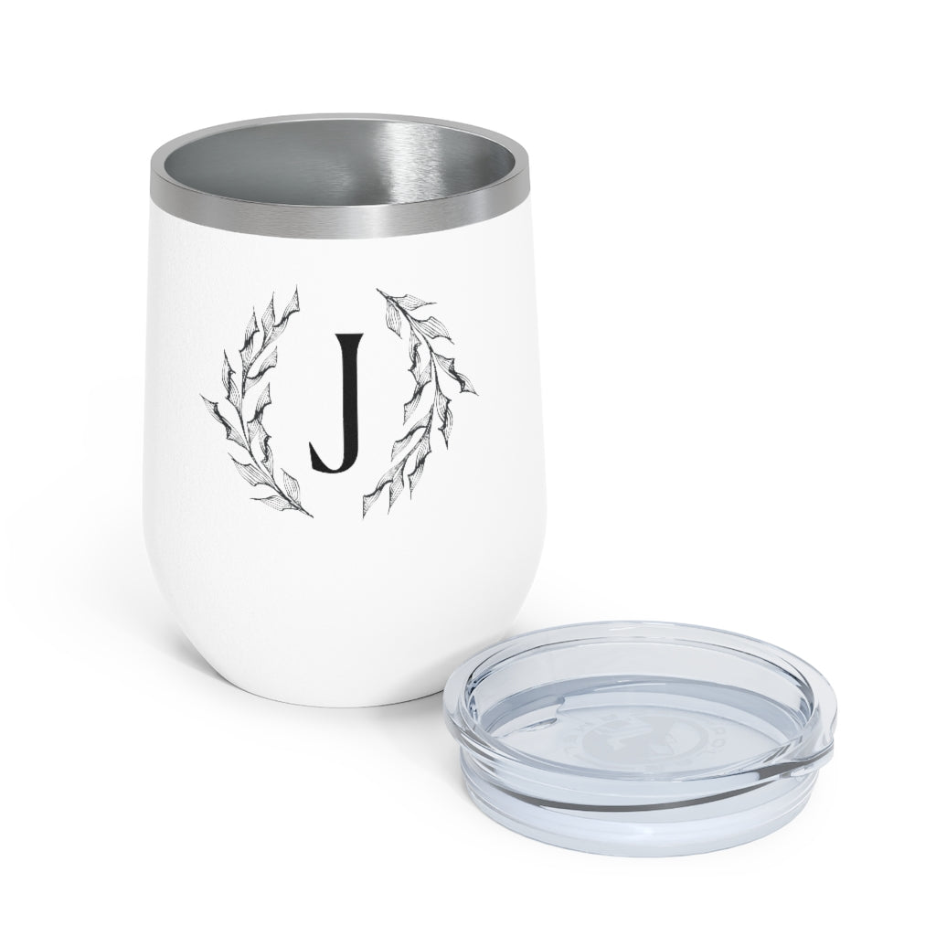 Meraki Paper - 12oz Insulated Wine Tumbler - Circular Branches - J in White - Opened