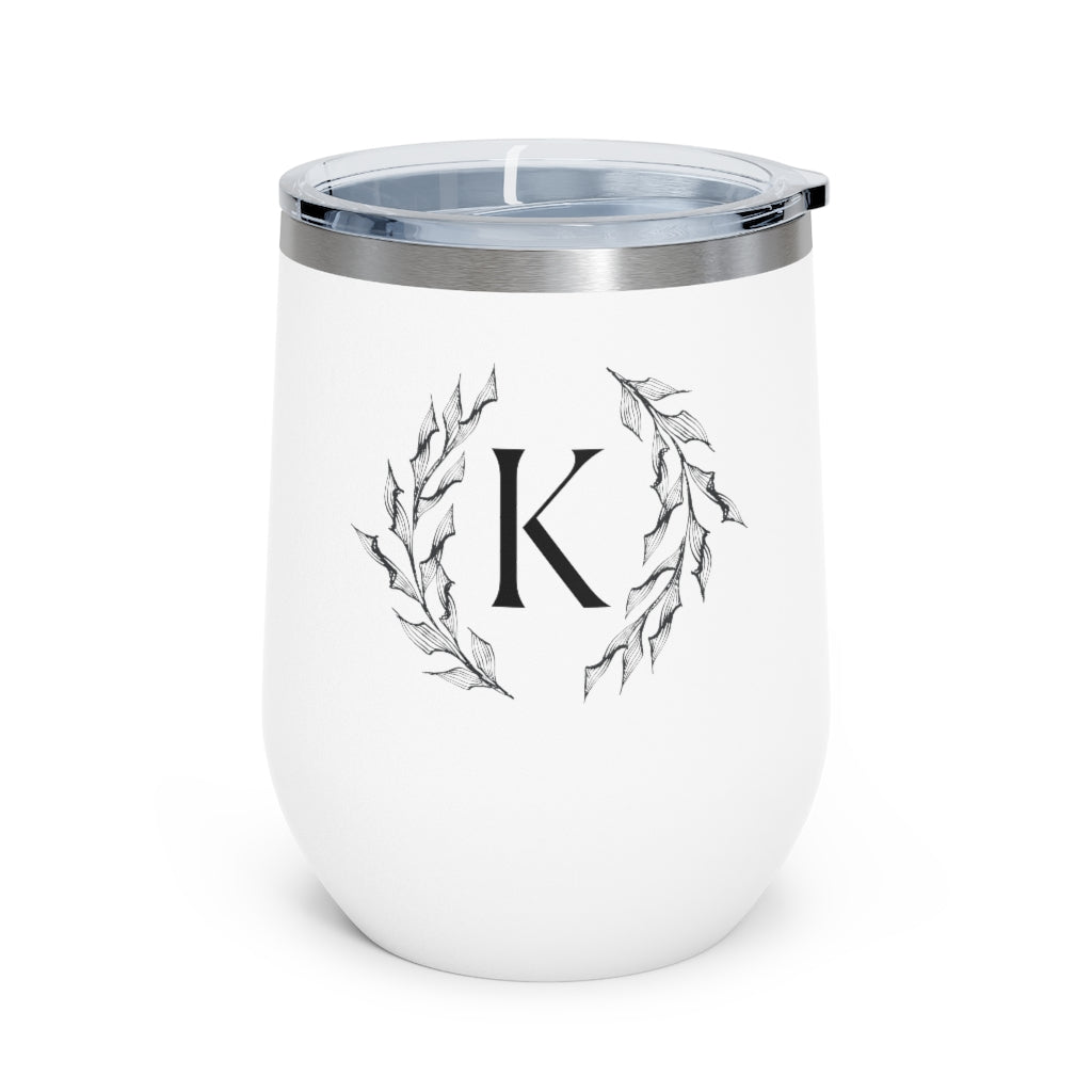 Meraki Paper - 12oz Insulated Wine Tumbler - Circular Branches - K in White - Front View