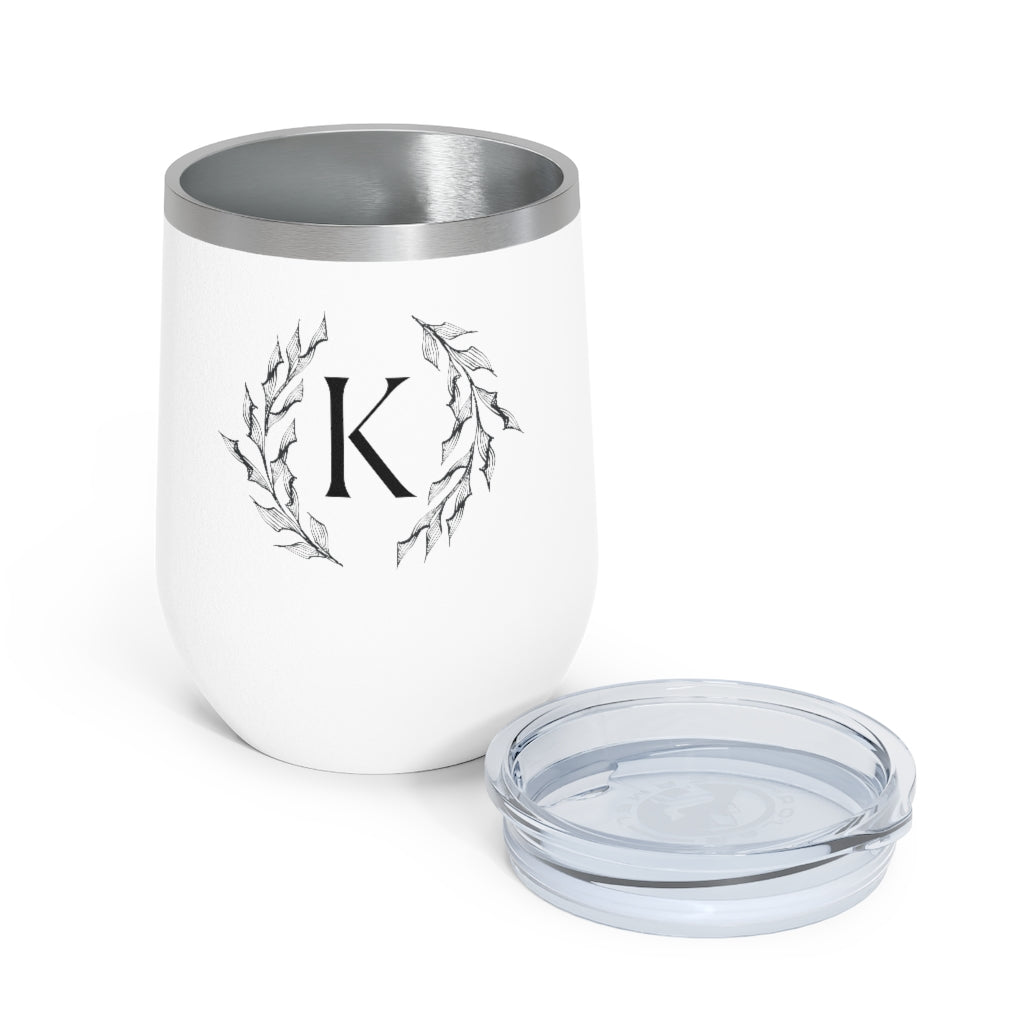 Meraki Paper - 12oz Insulated Wine Tumbler - Circular Branches - K in White - Opened