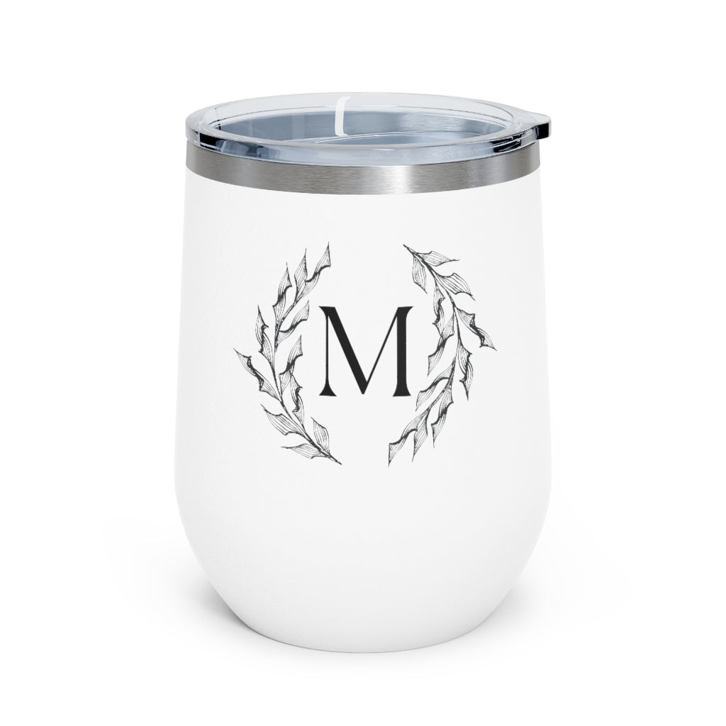 Meraki Paper - 12oz Insulated Wine Tumbler - Circular Branches - M in White - Front View