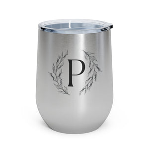 Meraki Paper - 12oz Insulated Wine Tumbler - Circular Branches - P in Stainless Steel - Front View