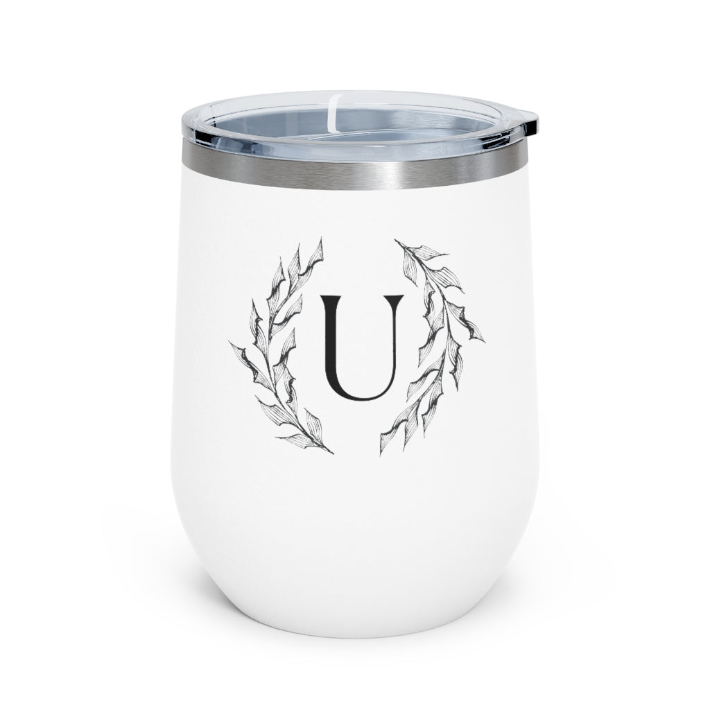 Meraki Paper - 12oz Insulated Wine Tumbler - Circular Branches - U in White - Front View