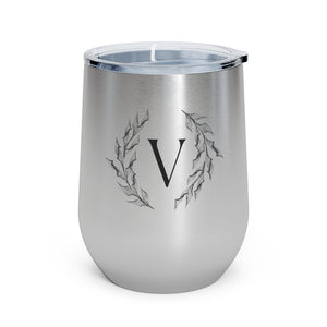 Meraki Paper - 12oz Insulated Wine Tumbler - Circular Branches - V in Stainless Steel - Front View