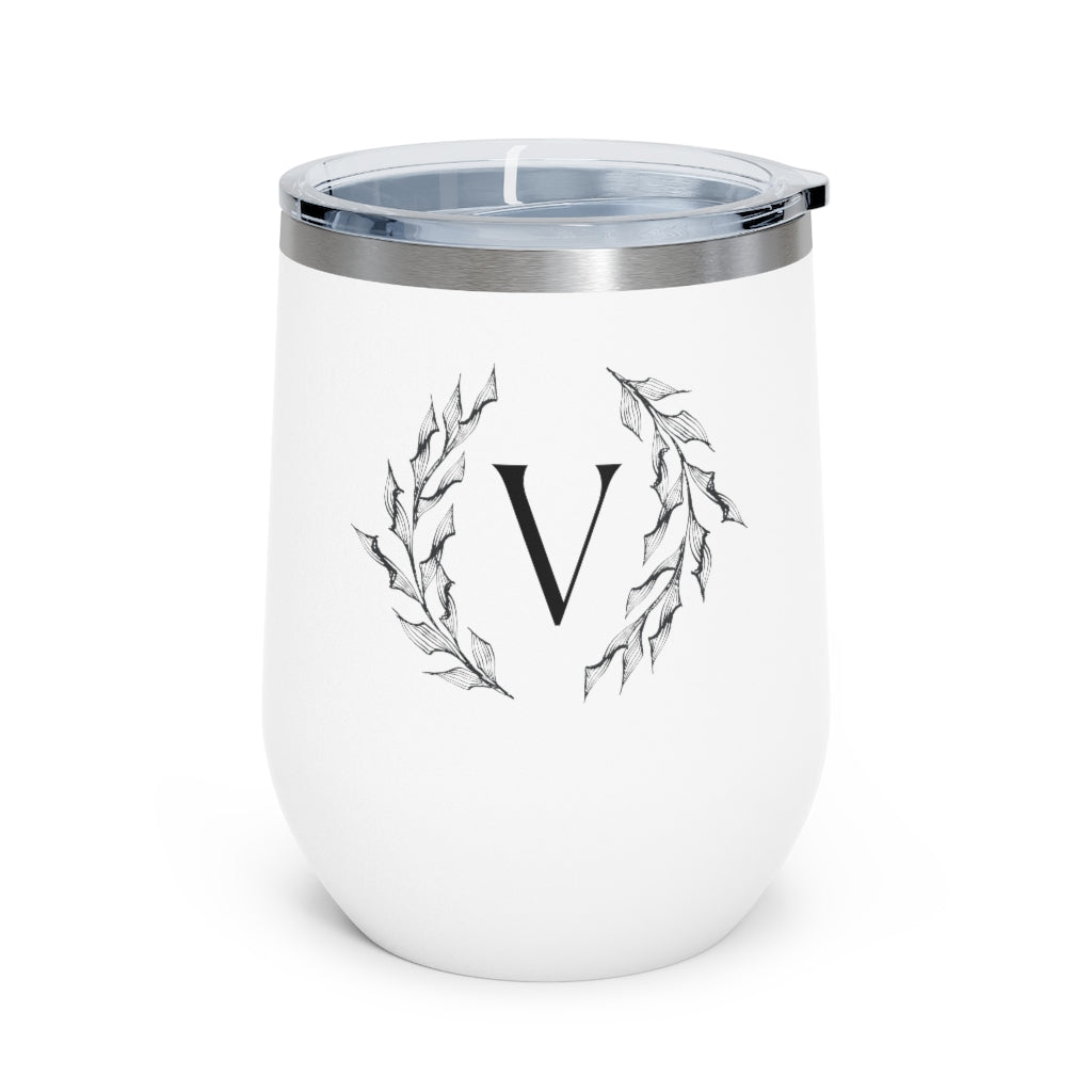 Meraki Paper - 12oz Insulated Wine Tumbler - Circular Branches - V in White - Front View