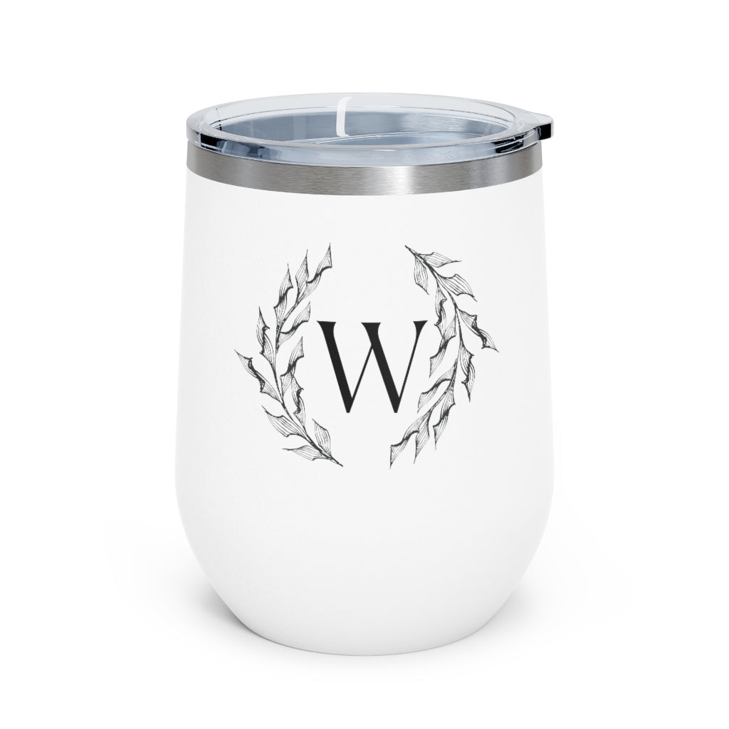 Meraki Paper - 12oz Insulated Wine Tumbler - Circular Branches - W in White - Front View