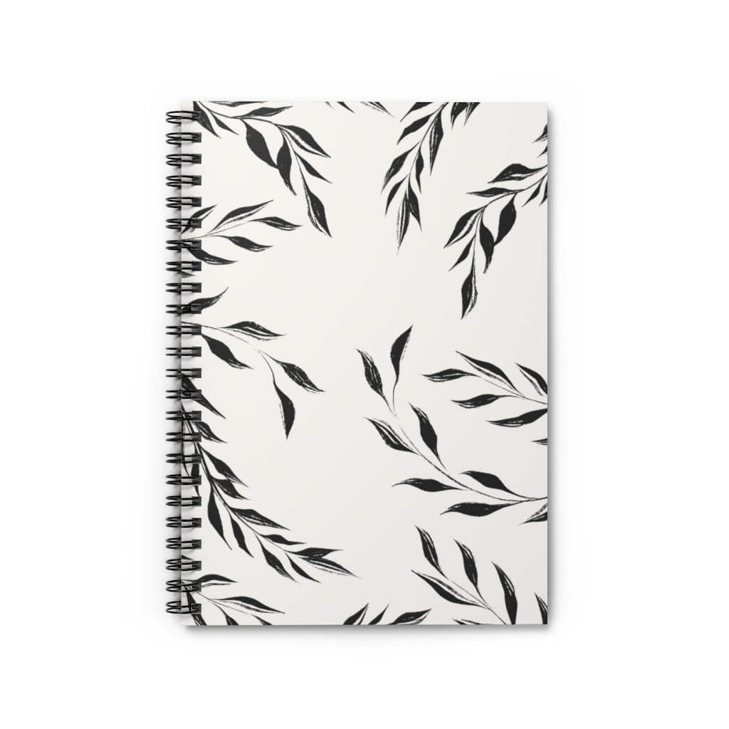 Meraki Paper - Black &amp; White Windy Leaves Spiral Notebook - Front View
