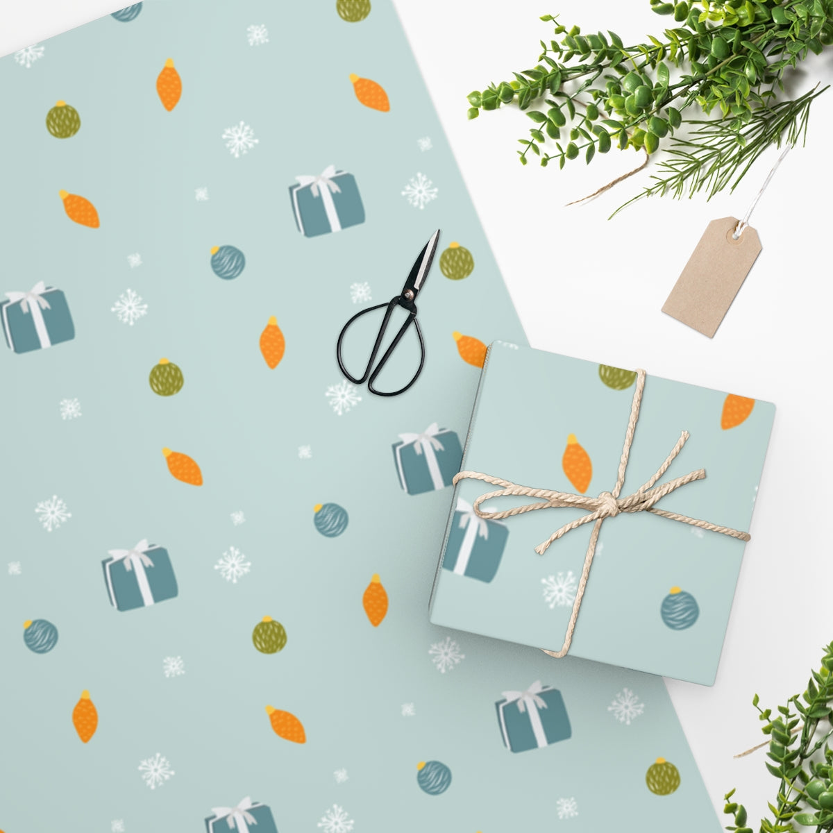 Meraki Paper - Blue-Grey Holiday Wrapping Paper - Presents &amp; Ornaments - In Use
