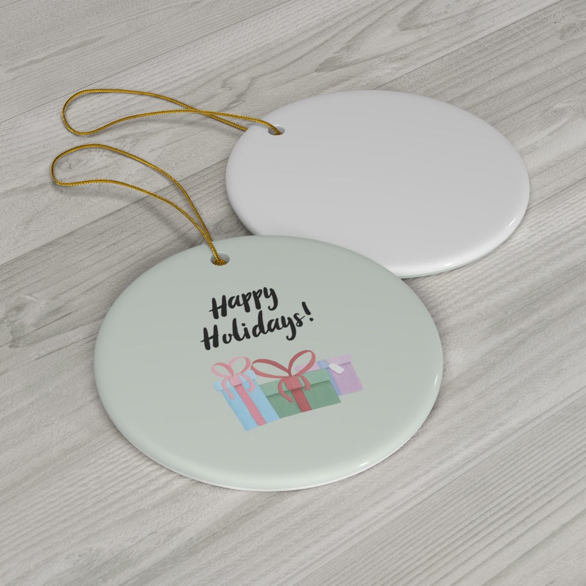 Meraki Paper - Ceramic Holiday Ornament - Happy Holidays &amp; Presents - Circle - Back View