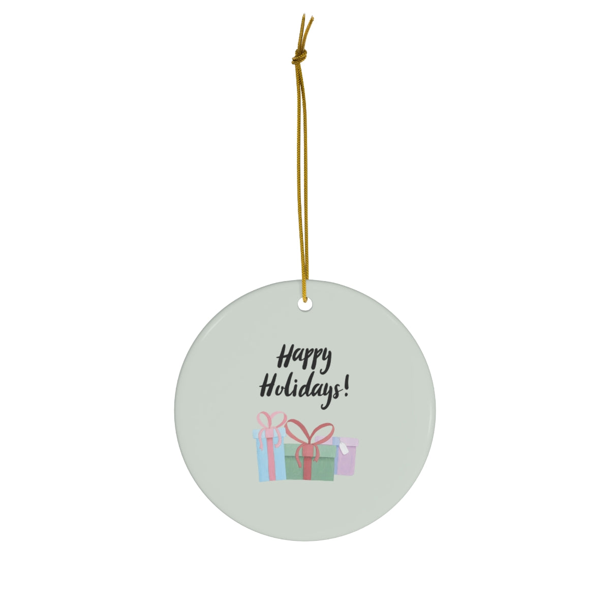 Meraki Paper - Ceramic Holiday Ornament - Happy Holidays &amp; Presents - Circle - Front View