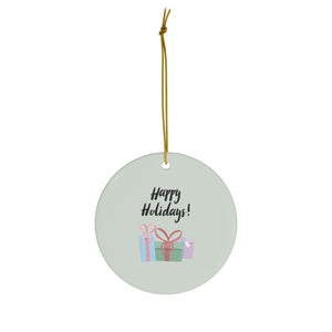 Meraki Paper - Ceramic Holiday Ornament - Happy Holidays & Presents - Circle - Front View