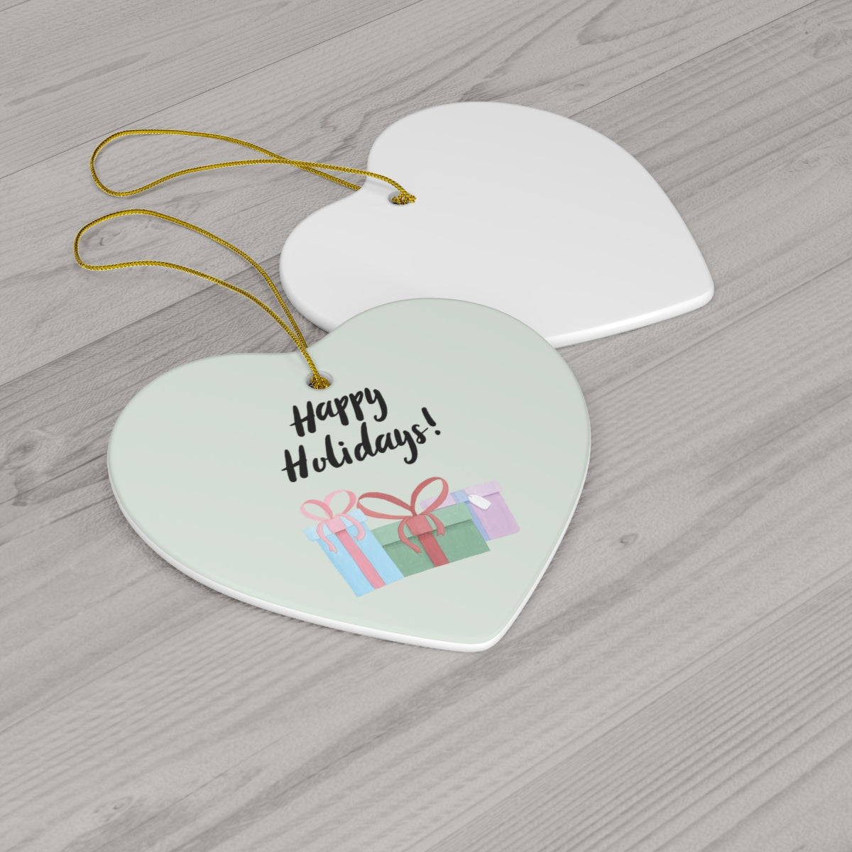 Meraki Paper - Ceramic Holiday Ornament - Happy Holidays &amp; Presents - Heart - Back View