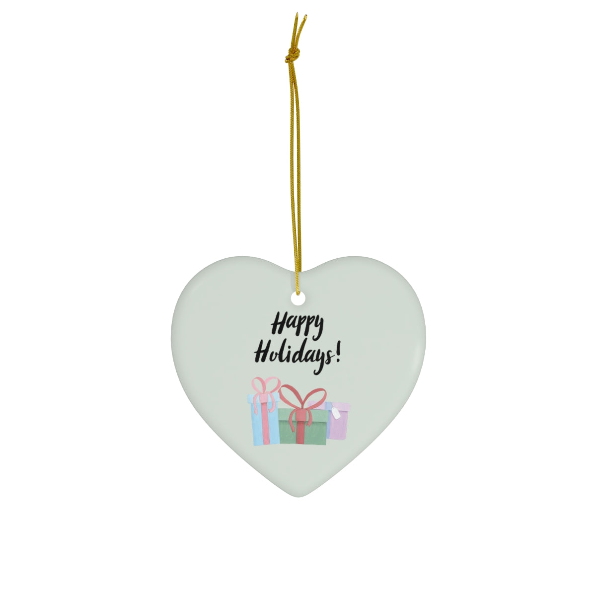 Meraki Paper - Ceramic Holiday Ornament - Happy Holidays &amp; Presents - Heart - Front View