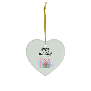 Meraki Paper - Ceramic Holiday Ornament - Happy Holidays & Presents - Heart - Front View