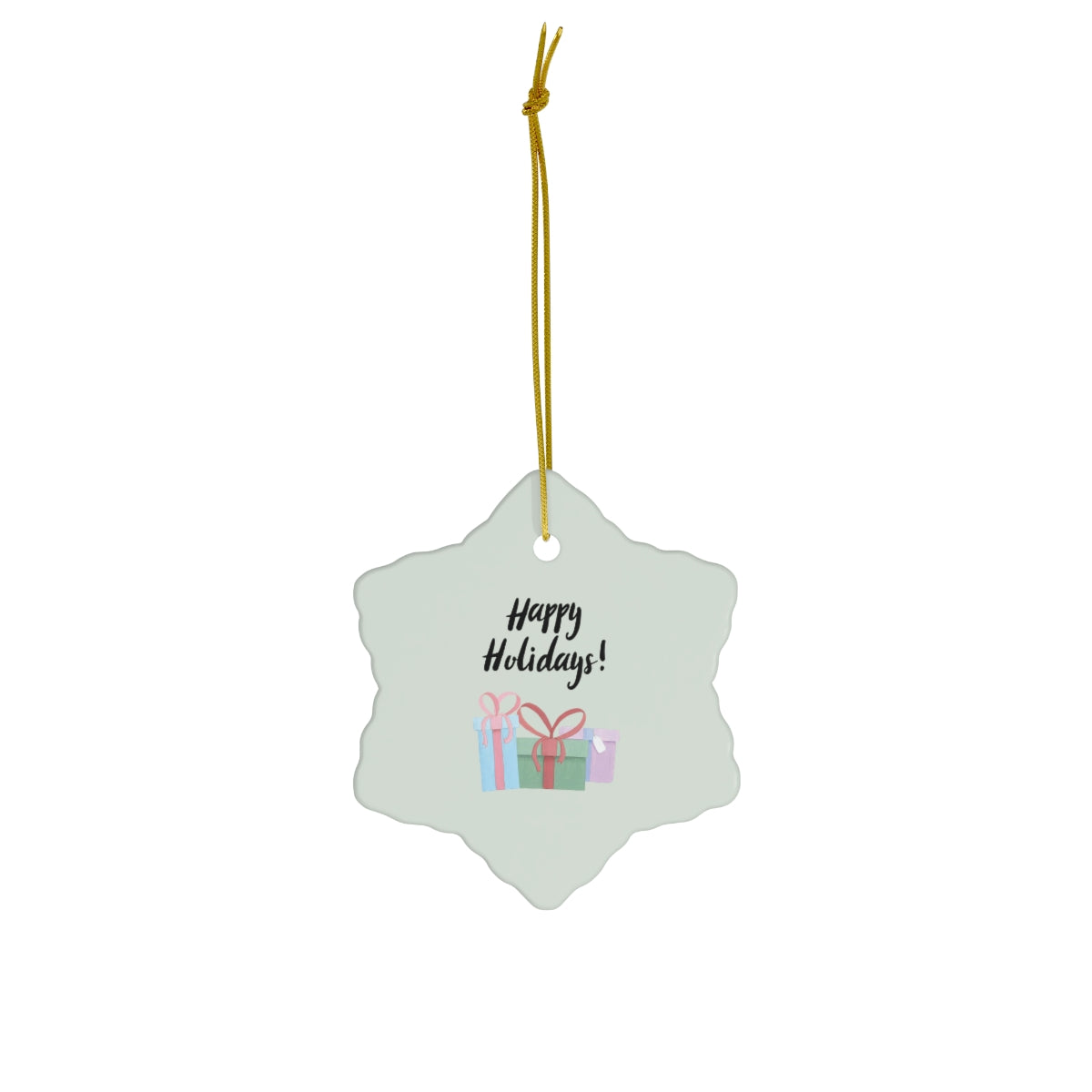 Meraki Paper - Ceramic Holiday Ornament - Happy Holidays &amp; Presents - Snowflake - Front View