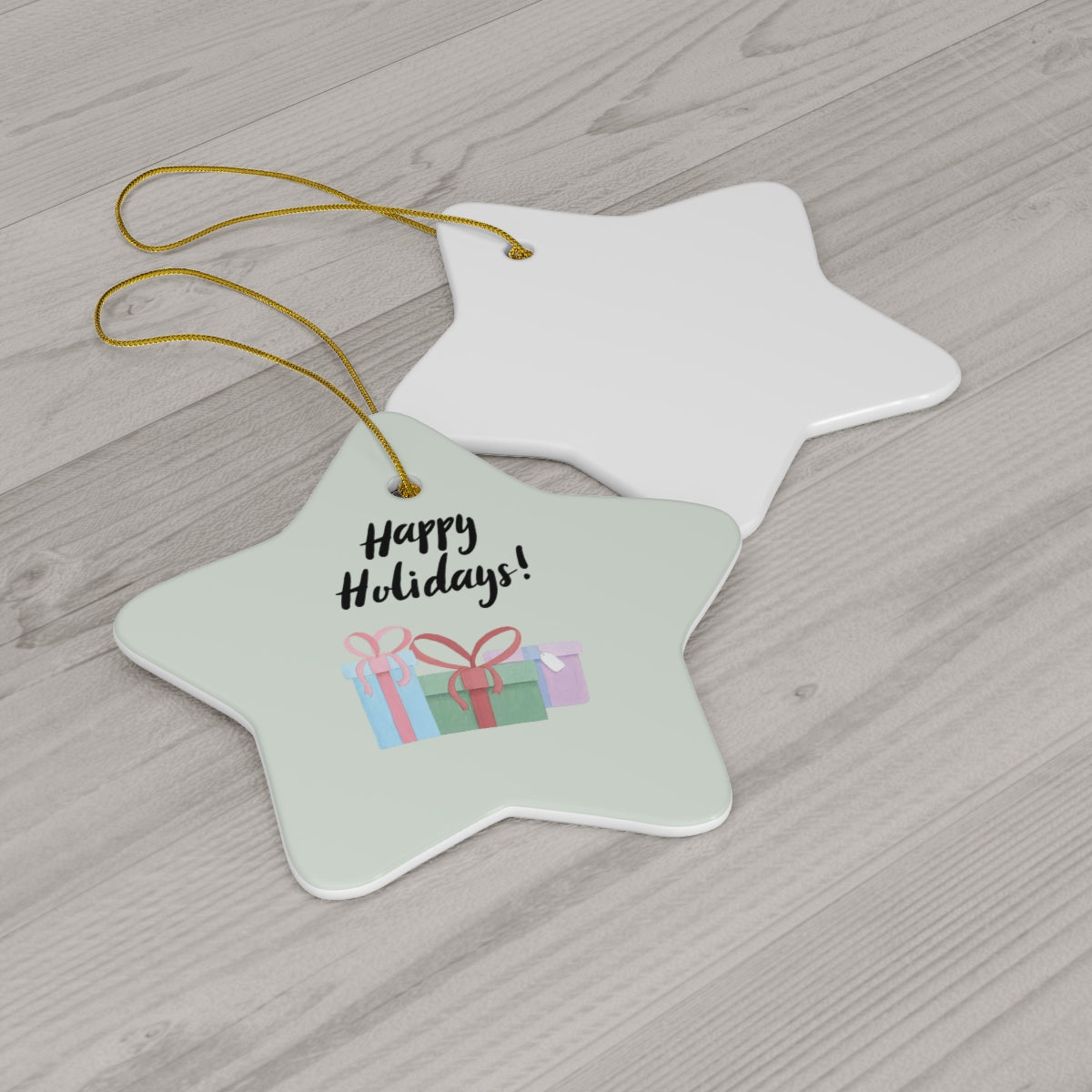 Meraki Paper - Ceramic Holiday Ornament - Happy Holidays &amp; Presents - Star - Back View